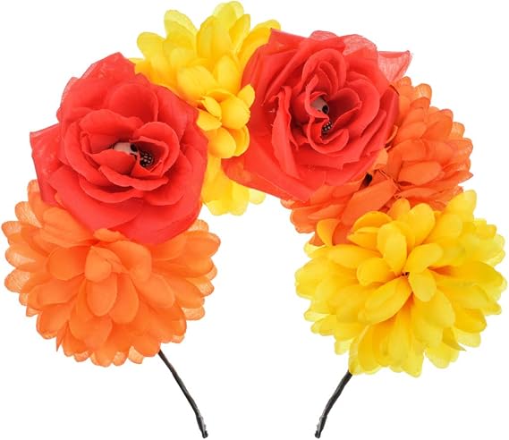 Day of the Dead Headpiece Halloween Costume Headpiece Mexican Floral Crown Rose Headband(Red White Green) - skull headband