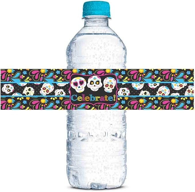 Day of the Dead Water Bottle Labels, 20 Waterproof 1.75 x 8.5 Inch Sugar Skull Wraps, Dia de Los Muertos Water Bottle Label Set, Made in USA by Amanda Creation - skull sticker