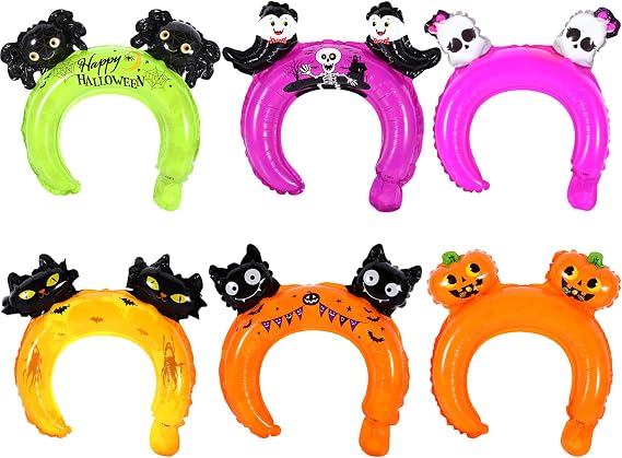 Boao 60 Pcs Halloween Inflatable Headbands Pumpkin Skull Bat Balloons