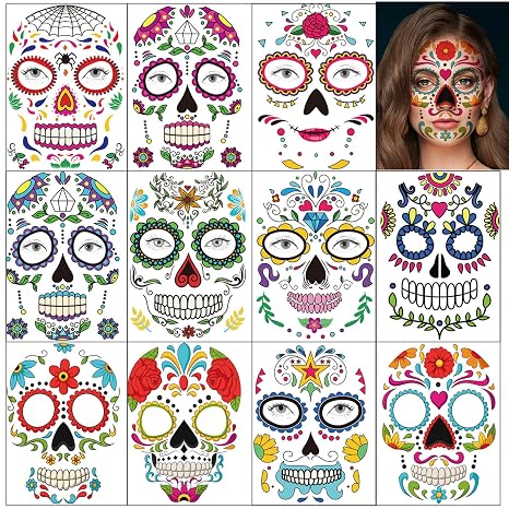 Day of the Dead Temporary Tattoos Halloween Face Tattoos 11 Packs Sugar Skull Stickers Rose Spider Web Full Mask for Women Men Adult Kids Boys Halloween Party Favor Supplies - sugar skull makeup