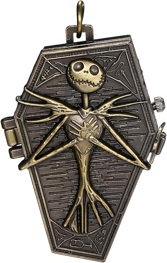 JewelryWe Nightmare Christmas Pocket Watch Vintage Novelty Skull Skeleton Quartz Pocket Watch Necklace for Father's Day - skull watch