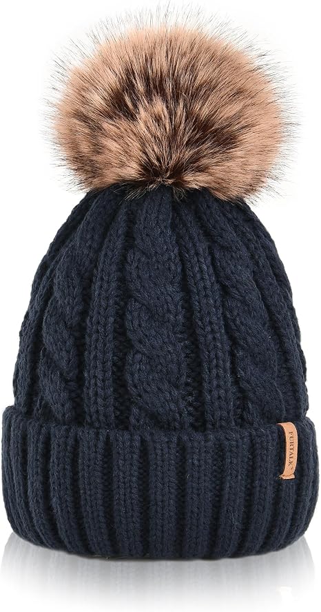 FURTALK Winter Beanie Knit Hat for Women Warm Fleece Lined with Faux Fur Pom Poms Womens Thick Ski Hats Knitted Skull Cap - skull hat