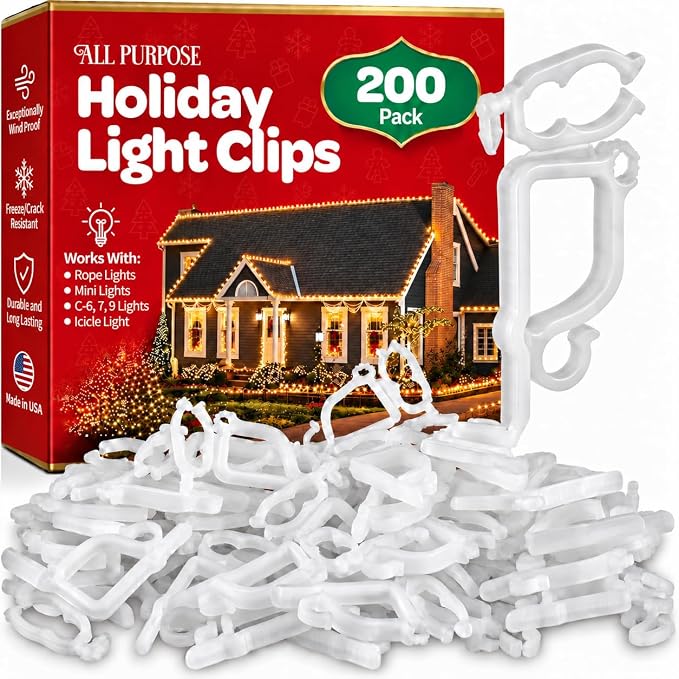 All-Purpose Holiday Light Clips, [Set of 200] Mounts on Gutters & Shingles. - string light