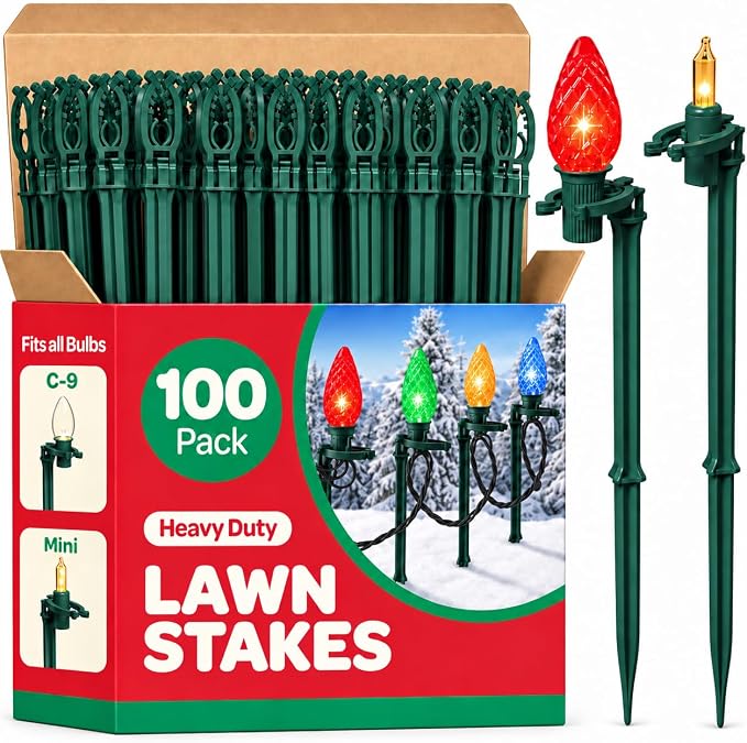 Christmas Light Yard Stakes [Set of 100] Outdoor Light Stakes - 8.5" Tall - Universal Christmas Pathway Lights On Yards, Driveways - Christmas Yard Stakes - USA Made - string light