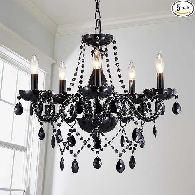 Saint Mossi Modern K9 Crystal Chandelier,Black Chandelier with 5 Lights E12 Base, Modern Pendant Ceiling Lighting Fixture for Dining Room,Bedroom,Living Room, D19 x H19 with Max 59″ Adjustable Chain