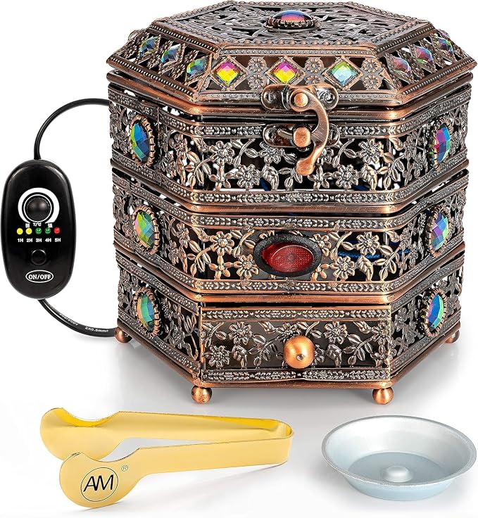 AM Electric Incense Bakhoor Burner - Frankincense Burner | Agarwood | Oud | Powder Incense Kit | quemador de incienso | with Adjustable Timer & Storage Drawer (Copper) - skull incense burner