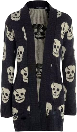 Thever Women Ladies Halloween Skull Skeleton Print Open Front Knitted Cardigan - skull jacket