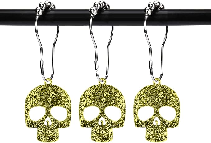 Set of 12 Sugar Skull Shower Curtain Hooks Decorative Home Bathroom Stainless Steel Rustproof Skeletons Shower Curtain Rings Decor Accessories (Gold)
