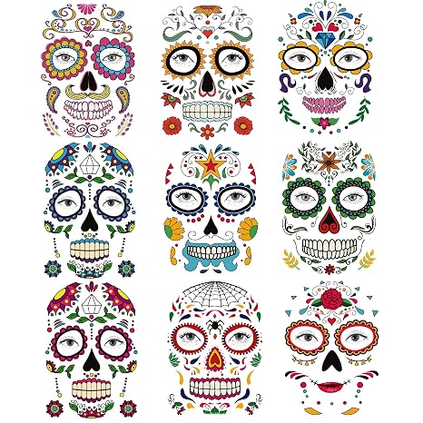 Kotbs Day of the Dead Skeleton Face Tattoos, 9-Sheet Glitter Rose Kit - skull sticker