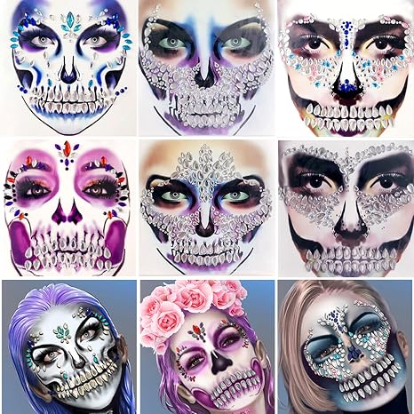 Skull Face Jewels Day of the Death Face Gems, 6-Pack - sugar skull makeup