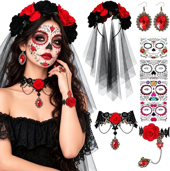 Hicarer 5 Pcs Day of The Dead Costume Women, Catrina Makeup Accessories Set - sugar skull costume