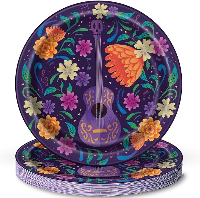 Multicolor Disney Coco Round Dessert Plates (7") 8 Count - Vibrant, Fun, & Durable, Perfect for Kids Parties & Disney Themed Celebrations - skull plate
