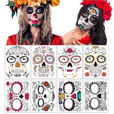 Day of the Dead Face Tattoos - 8 Large Sheets Sugar Skull Rose Temporary Tattoos, Día de los Muertos Face Tattoo for Women Men Adults Kids, 7.4 x 6.3 in Halloween Masquerade Party - sugar skull costume