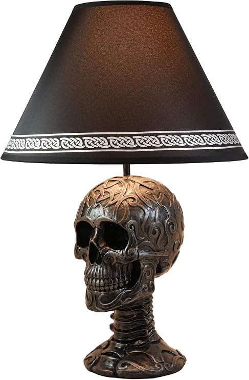 Ebros Gift Celtic Tattoo Knotwork Holy Grail Skull Light of Wisdom Sculptural Desktop Table Lamp Statue Decor with Fabric Shade 19″ H Gothic Ossuary Macabre Accent