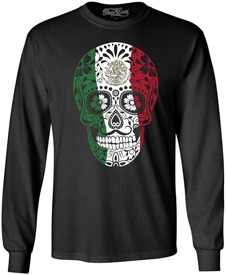 shop4ever Mexican Flag Day of The Dead Skull Long Sleeve Shirt - skull tshirt