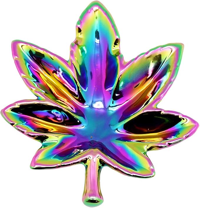 Fantasy Gifts Hemp Leaf Rainbow Iridescent Ashtray - 4.8"x6" - skull ashtray