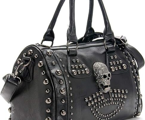 Women Fashion Rivet Handbag Purse Luminous Canvas Punk Tote with Shoulder Strap Crossbody Bag Large Capacity