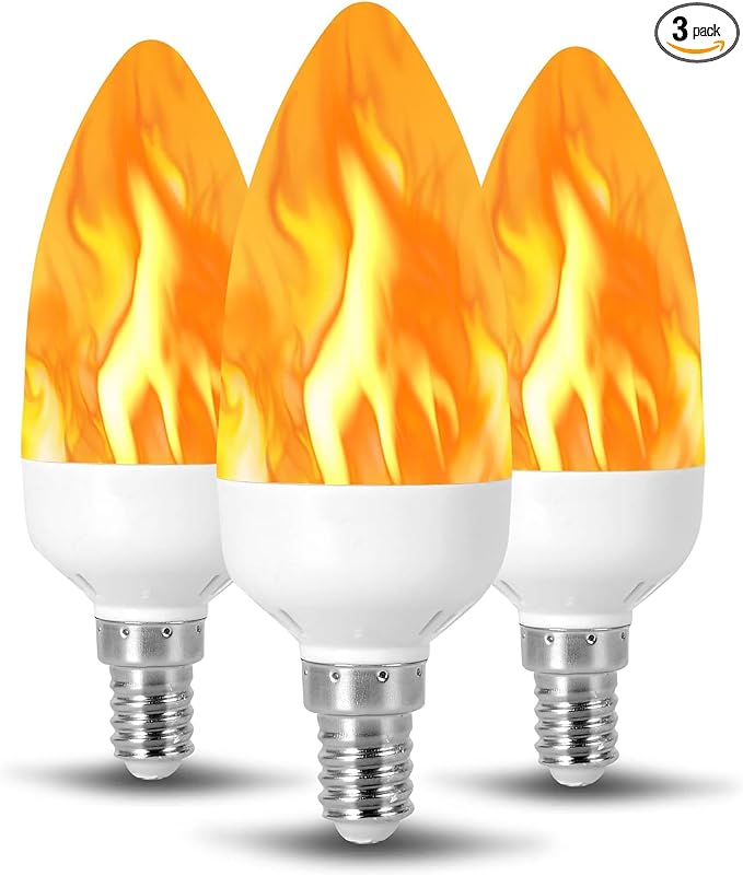 Flame Effect Chandelier LED Fire Candle Light Bulb Flaming Flicker E12 Candelabra Base Shape Novelty Lighting B11 Replacement Bulbs 12mm Diameter Fitting, 110MM / 4.25″ Total Length 120V – 3 Pack
