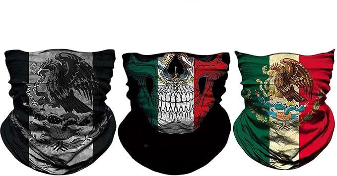 unbrand 3PCS Mexico Flag Magic Head Neck Gaiter Face Scarf Snood Neck Tube Outdoor Wrap Headwear UV Bandanas for Cycling Fishing Motorcycling Running Skateboarding - skull headband