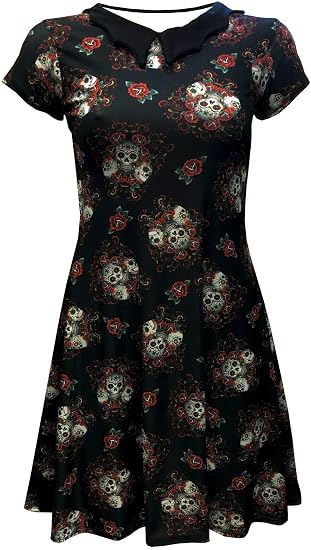 Sugar Skulls Roses Floral Gothic Alternative Halloween Printed Bat Collar Skater Dress - sugar skull dress