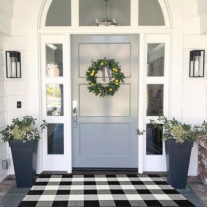 MUBIN Cotton Buffalo Plaid Rug, 27.5x43 Black and White Outdoor Rug Front Door Decorative Mat, Washable Doormat Foldable Area Rug Layered Door Mats Rug for Front Porch, Entryway, Patio - skull floor mat