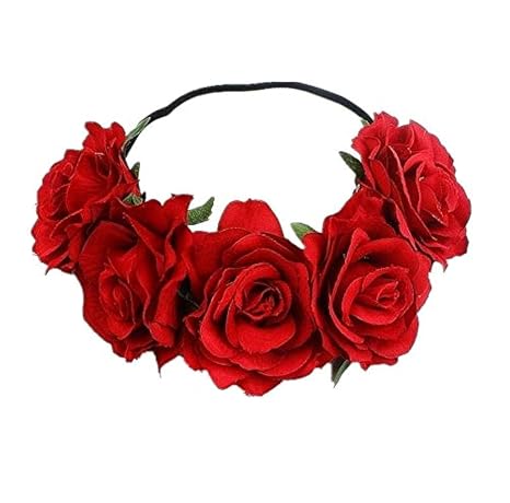 Rose Flower Crown, Floral Headpiece for Women and Girls - Red Artificial Rose Hair Wreath with Headband - skull headband