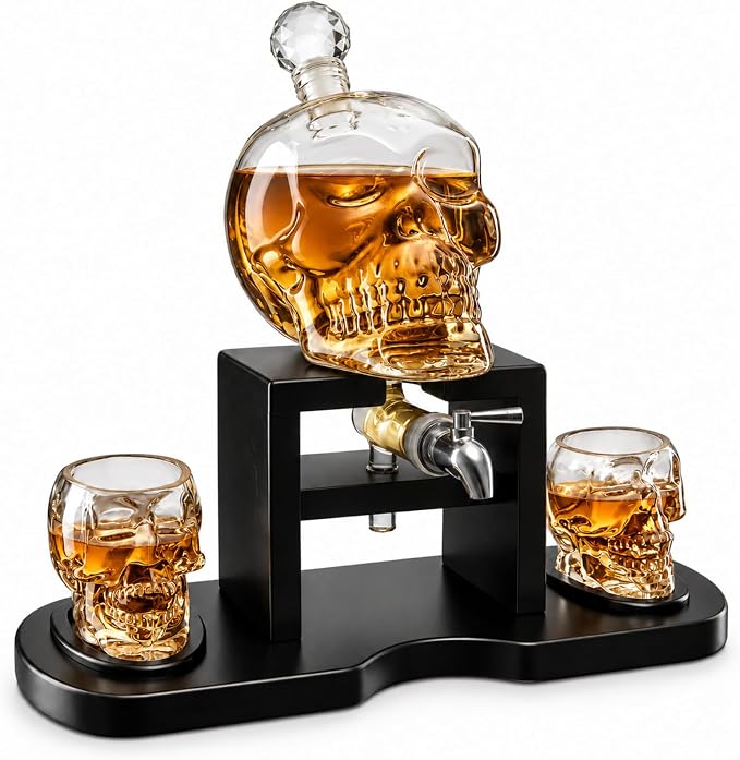 Skull Whiskey Decanter With 2 Shot Glasses, Gothic Halloween Home Bar Decor