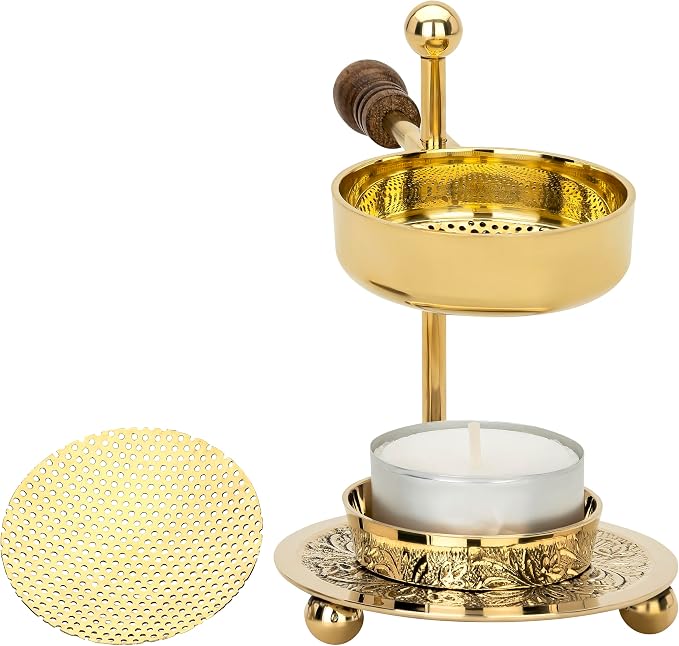 Handcrafted Adjustable Resin Incense Burner in Golden Brass with Wooden Handle – Premium Quality Incense Holder with Tealight (4.33 inch) for Aromatherapy and Unique Smoking Experience - skull incense burner