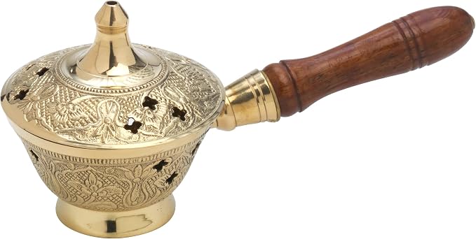 Handcrafted Charcoal Incense Burner for Resin and Frankincense – Premium Indian Censer with Wooden Handle (Lentgh 6.69 inch. Diameter 3 inch) – Durable and Elegant Design for Aromatherapy - skull incense burner