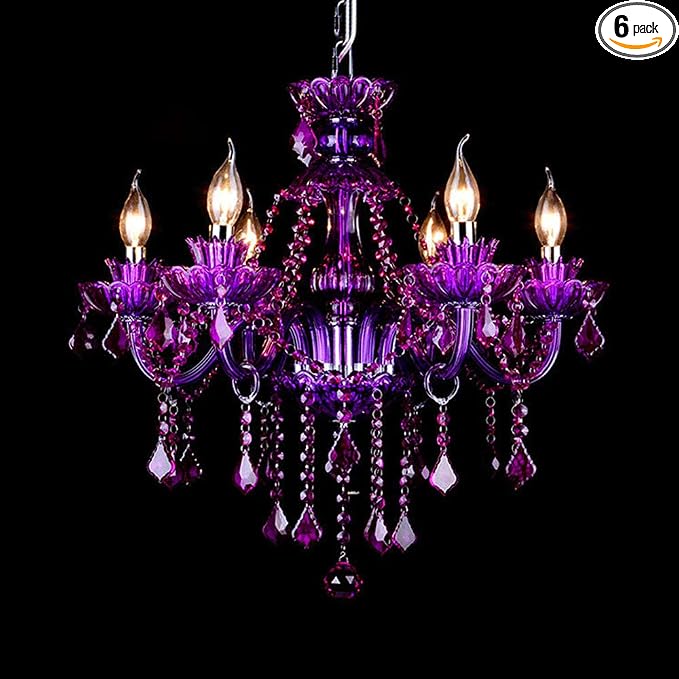 LAKIQ Crystal Modern Chandelier Lighting Fixtures Living Room Bedroom Hanging Pendant Light Candle Candelabras Shape Length Adjustable for Dining Room (Purple, 6 Bulbs)