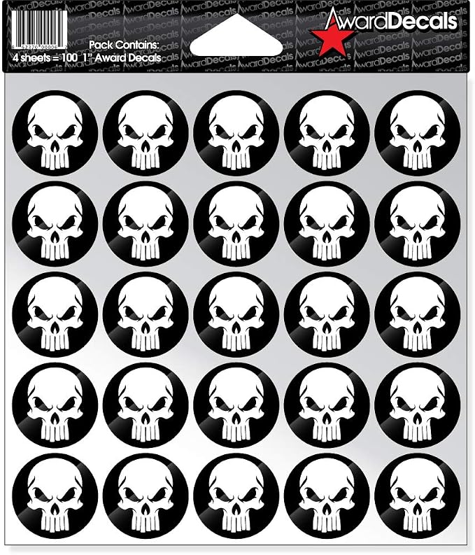Award Decals Enforcer White/Black Stickers 100 1" 20mil Vinyl Made in USA - skull helmet