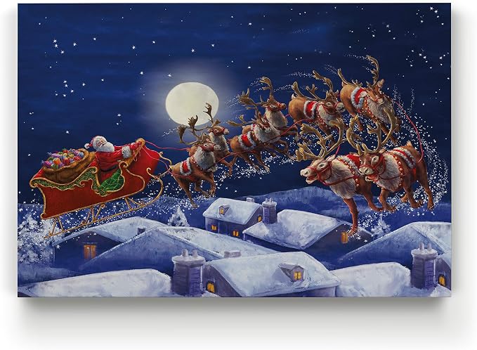 Renditions Gallery Gallery Wrapped Canvas Christmas Wall Art Print for Holiday Decor, 12x18, Santa with Sleigh - skull wall art