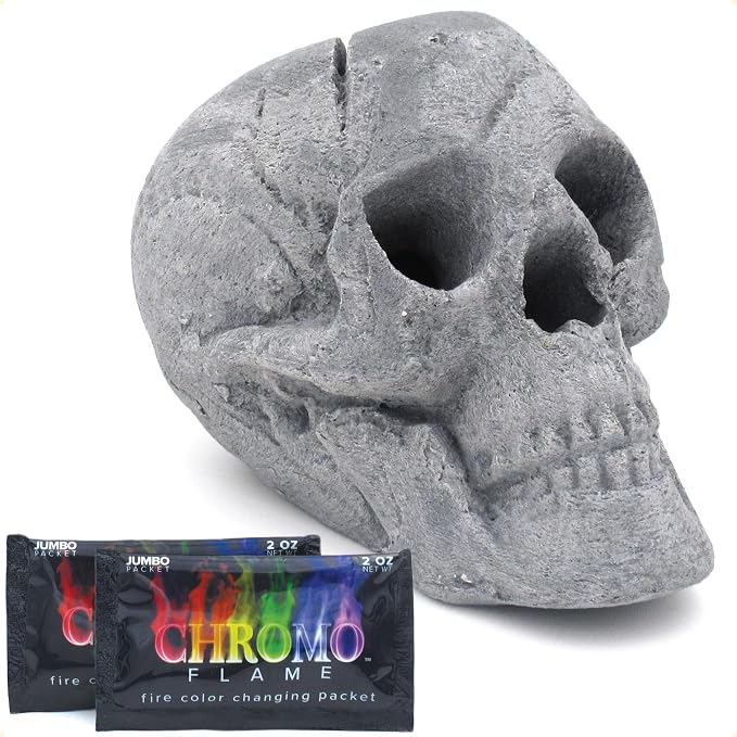 OSKER Fire Pit Skull with Fire Color Changing Packets | Ceramic Fireproof Log for Bonfire, Campfire, Fireplace, Firepit | Halloween Decor | Gas, Propane, or Wood Fires | 9 Inch – Gray