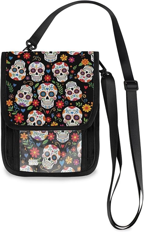 ALAZA Day Of The Dead Sugar Skull Halloween Small Crossbody Wallet Purse Cell Phone Bag Rfid Passport Holder with Credit Card Slots