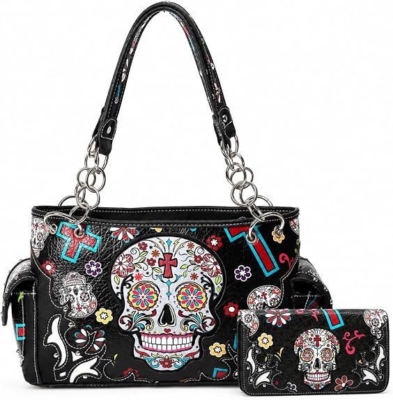 Western Sugar Skull Purse and Wallet Set for Women