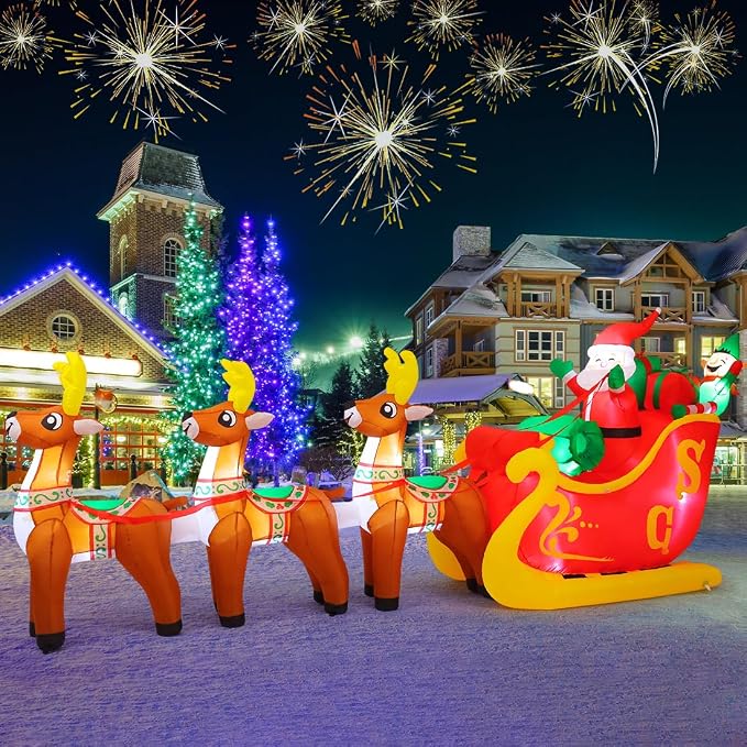 GOOSH 12 Ft Christmas Inflatable Reindeer cart Outdoor Decorations Blow Up Yard Three Deer Pulling a Sleigh and Santa Claus with Built-in LEDs for Indoor Party Garden Lawn Decor