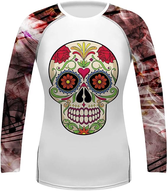 O2TEE Women's Skull Art Long Sleeve Basic Skins BJJ Rash Guard Athletic Tops S-XXL - skull tshirt