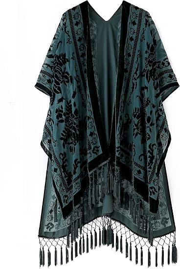 Women's Burnout Velvet Kimono Long Cardigan Cover Up With Tassel - skull jacket