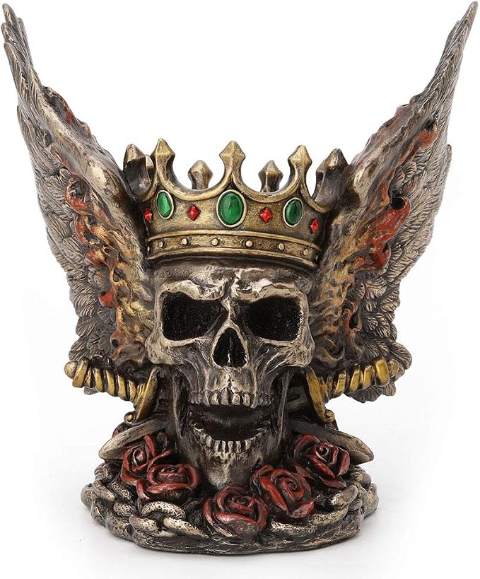 Veronese Design 5.9 Inch Flame Wings Crossed Swords Crown Screaming Skull Monarch Antique Bronze Finish Statue - skull figurine