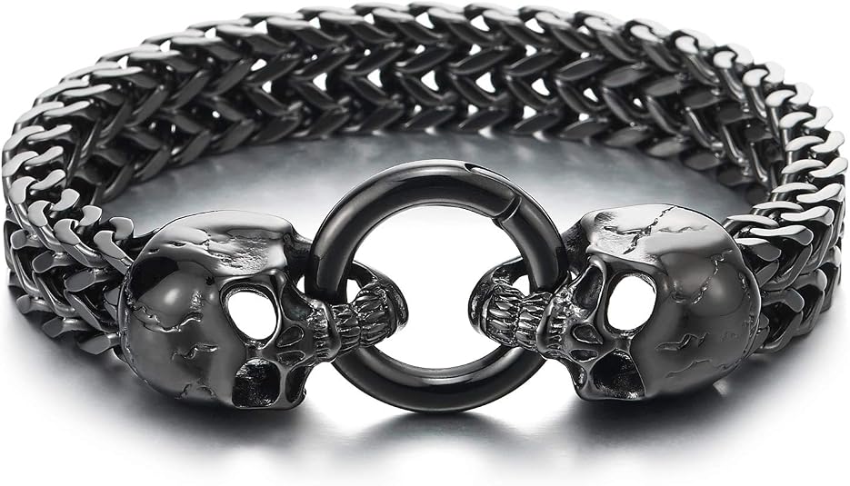 COOLSTEELANDBEYOND Gothic Mens Stainless Steel Skull Franco Link Curb Chain Bracelet with Spring Ring Clasp - skull ring