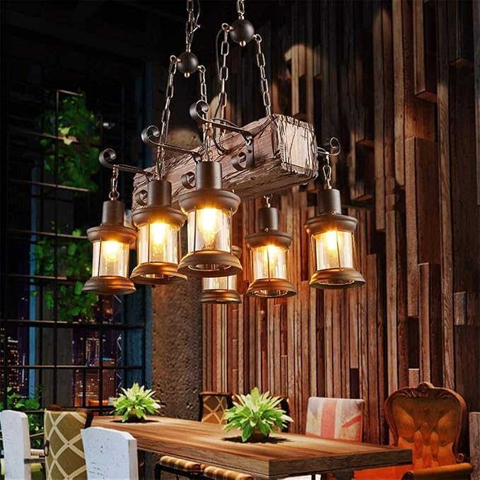 Farmhouse Lighting Industrial Rustic Wood Beam Linear Island Pendant Light Chandelier Lighting Hanging Ceiling Fixture 6-Light