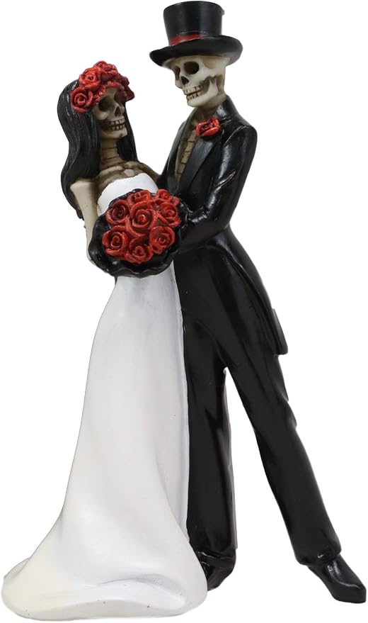 Ebros Day Of The Dead Wedding Dance Skeleton Bride And Groom Holding Red Roses Bouquet Figurine Cake Topper 6.25"Tall Love Never Dies Bridal Party Ceremony Skeletons Lovers - skull figurine