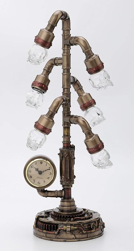 Veronese Design 17 Inch Steampunk Six Branch Clock Stand Lamp Light Crystal Skull Bulb LED Lighting Antique Bronze Finish