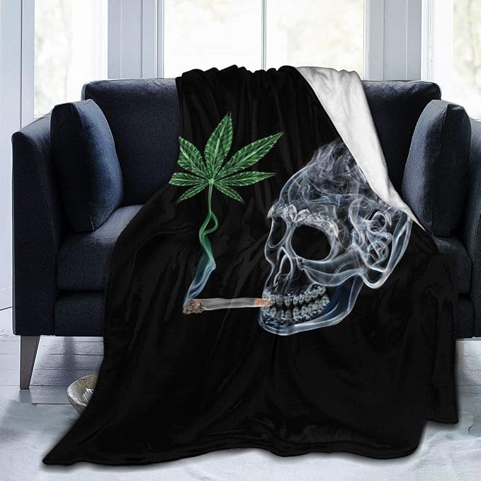 Marijuana Pot Leaf Weed Skull Smoking Fleece Throw - Lightweight, Super Soft, Cozy Bed Blanket for Living Room/Bedroom All Season (Color1, 50" 40") - skull blanket