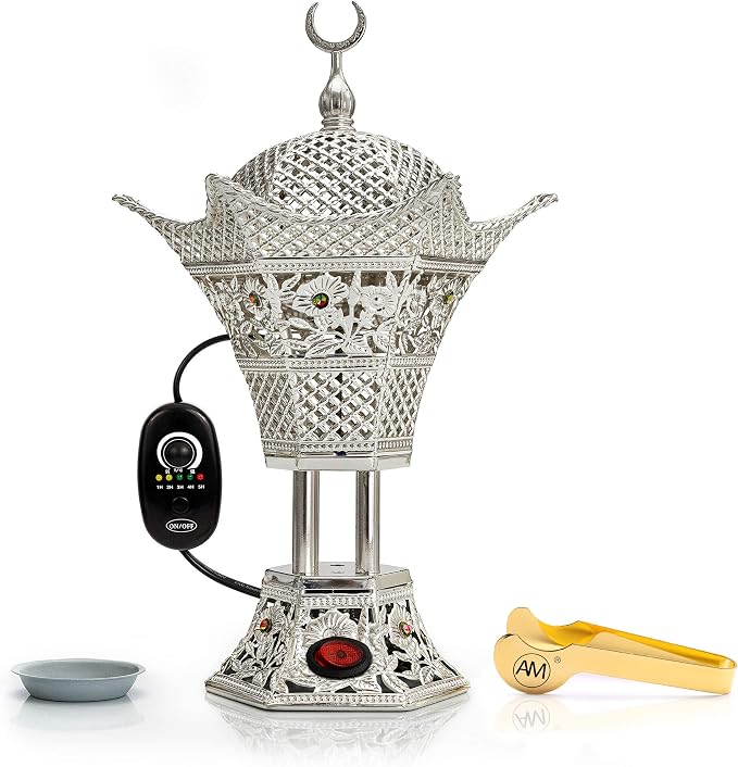 AM Electric Incense Burner with Adjustable Temperature and Timer Oud Burner for Bakhoor, Frankincense, Resin and Essential Oils - Safe Aromatherapy Burner for Home and Office (Silver) - skull incense burner