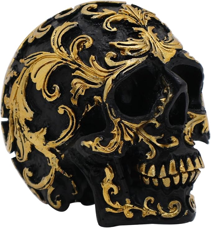 Gothic Skull Heads Home Decor - 3.62 Inch Desk Skeleton Skull Head Statue Fake Resin Skull Figurine Decor for Halloween Decorations, Party Gold Skull Head Designs - skull figurine