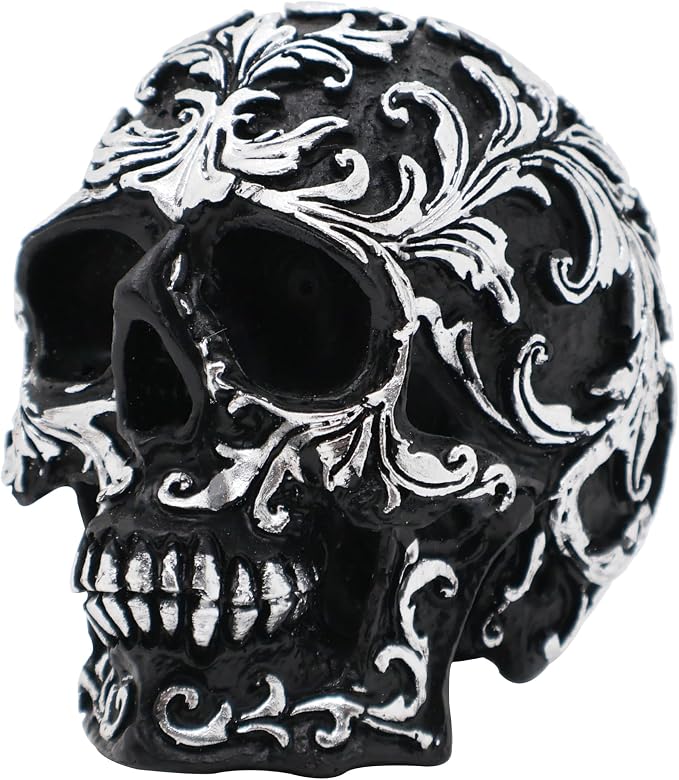 Gothic Skull Home Decor - Realistic Skeleton Skull Head Statue, Halloween Resin Skull Figurine with Silver Designs, 3.62 Inch Fake Skull for Decorations, Party, Home, Desk Skull Head Decor - skull figurine