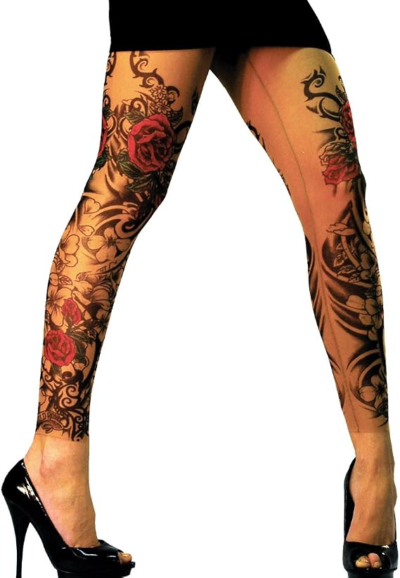 Wild Rose Ladies Flamenco Tattoo Mesh Leggings Red Rose Blackwork, Tan - skull leggings