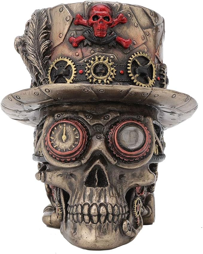 Veronese Design 4.5 Inch Steampunk Cross Bones Top Hat Motor Skull Antique Bronze Finish Sculpture Table Top Figurine - skull figurine