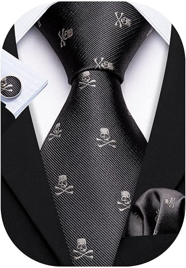 Barry.Wang Ties for Men Handkerchief Cufflink Casual Necktie Set Festival - skull wallet
